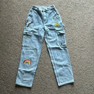 High-Waisted Denim Cargo Pants w/ Paint Detail